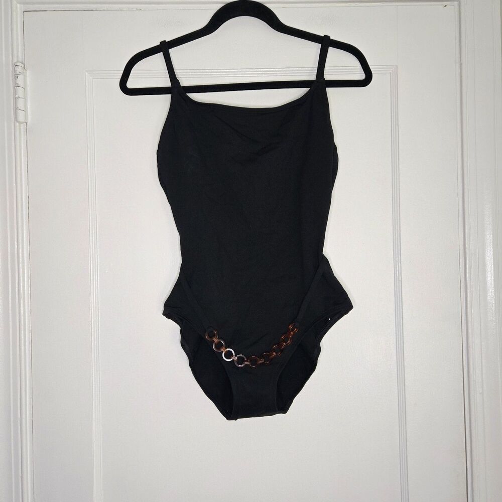 Vintage Baja Blue One Piece Swimsuit Womens 12 Black Belted 90s Floral